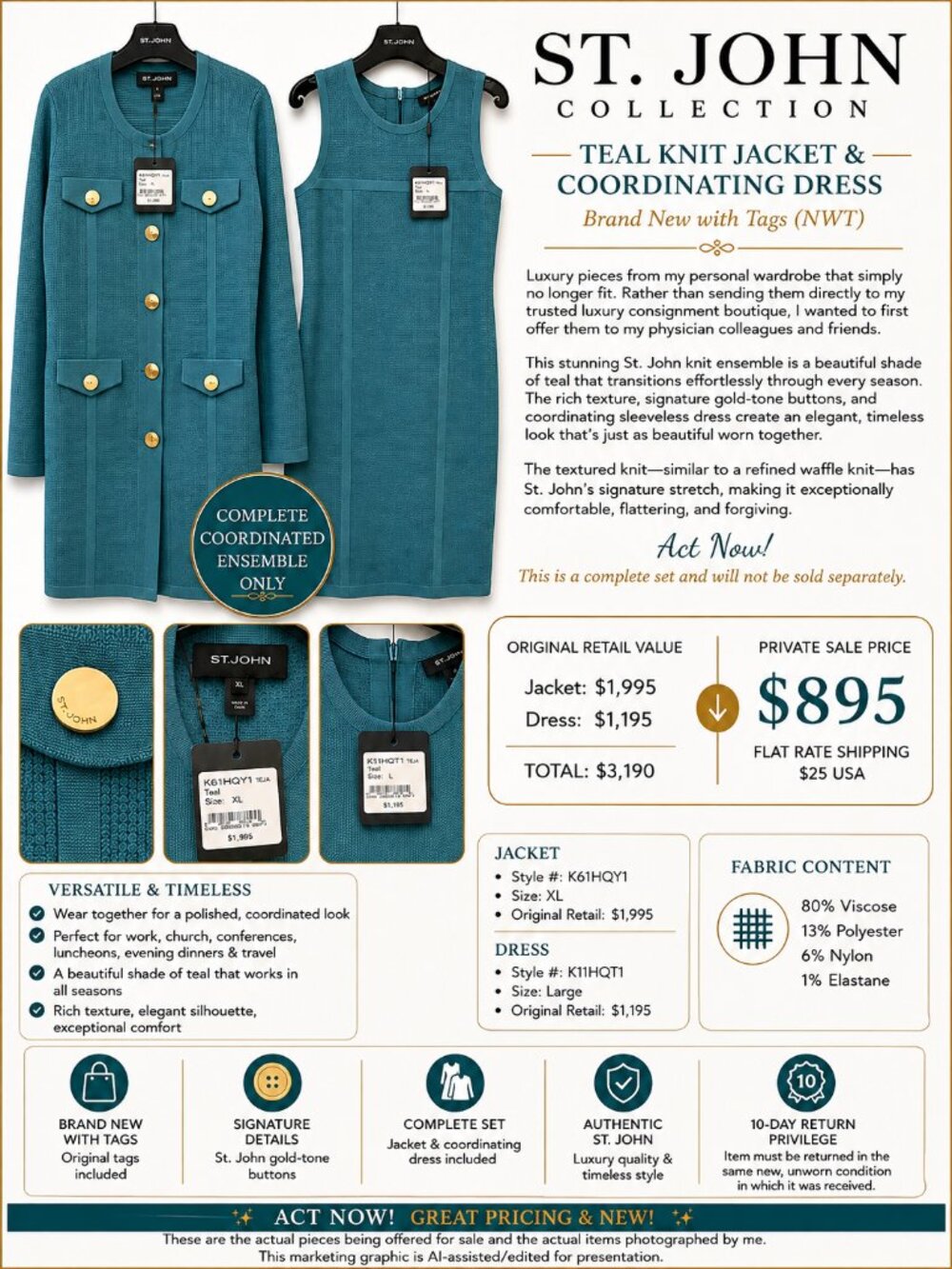 NWT St. John Teal Textured Knit Jacket & Dress Set XL/L $3190 Retail